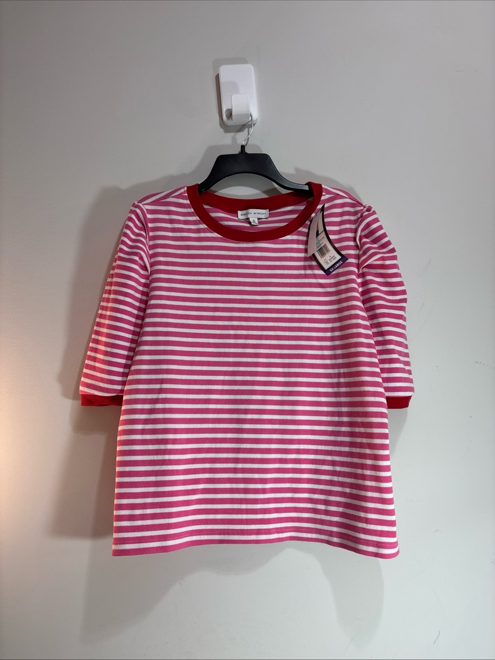 Rebecca Minkoff Pink Striped Womens T-Shirt with Red Trim. 1265